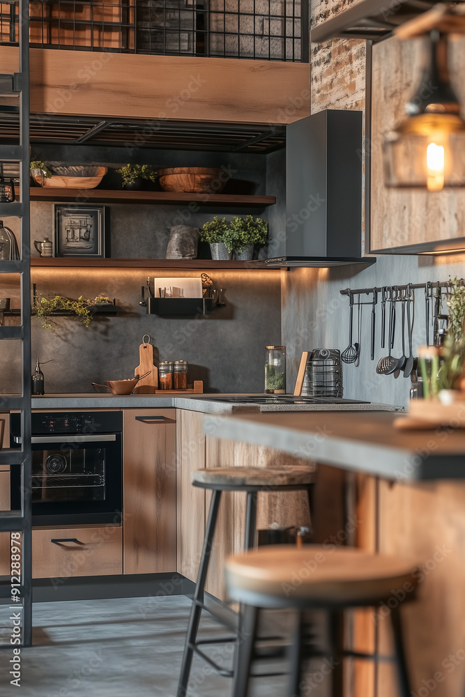 Modern industrial kitchen design with loft Modern industrial kitchen design with loft