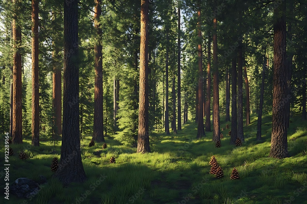 3D Illustration of a Lush Forest with Pine Trees and Sunlight 3D Illustration of a Lush Forest with Pine Trees and Sunlight
