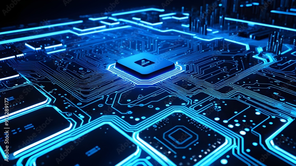 Fototapeta premium A computer chip is shown in a blue and black color scheme