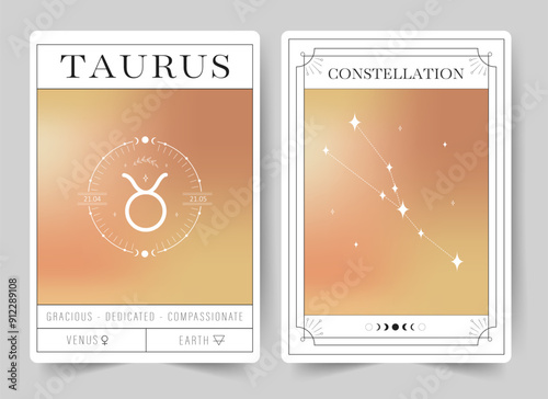 Taurus. Witchcraft cards with astrology zodiac sign and constellation. Modern gradient blurred astrology posters in Y2k style. Perfect for tarot readers and astrologers. Vector illustration.