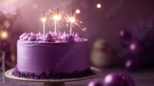 purple birthday cake with sparklers on top, centered in the frame against a soft background of gradient shades from light to dark purple