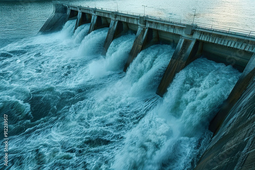 Generative ai on theme of hydroelectric power energy plant with large turbines and water spills photo