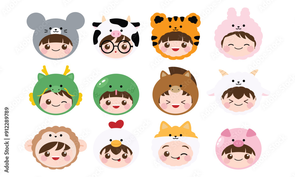 Set of Children heat with animal costume cartoon style Set of Children heat with animal costume cartoon style