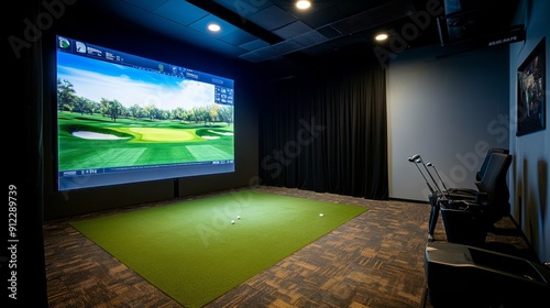 Experience a cutting-edge indoor golf simulator designed for year-round practice in a dedicated environment, featuring a realistic virtual course on a large screen