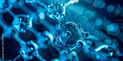 Molecular Structure of Water with Blue Bubbles, Abstract Biology and Chemistry Background