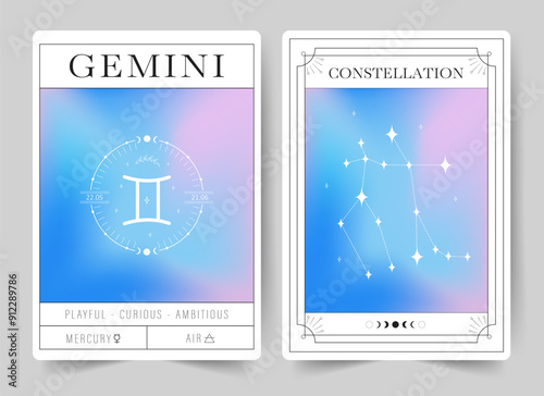 Gemini. Witchcraft cards with astrology zodiac sign and constellation. Modern gradient blurred astrology posters in Y2k style. Perfect for tarot readers and astrologers. Vector illustration.