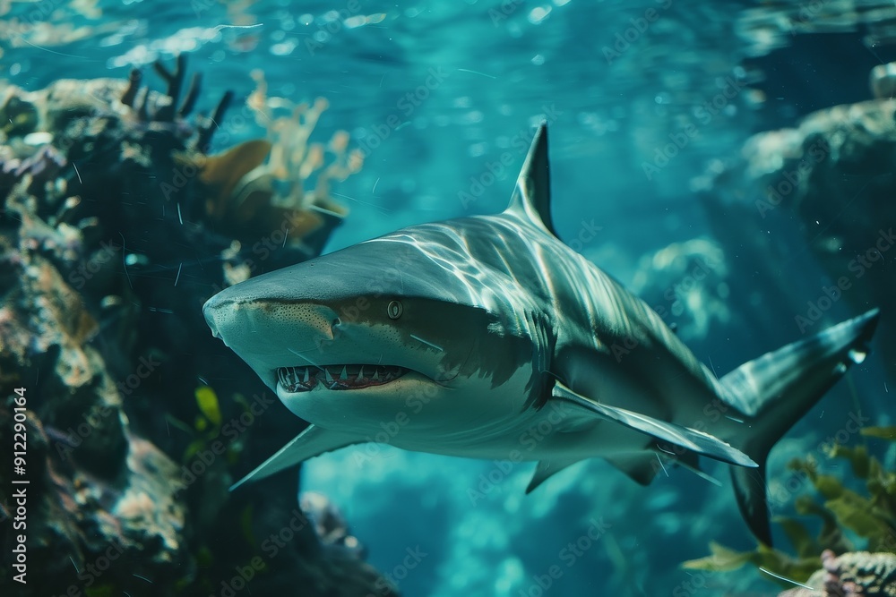 Naklejka premium Shark swims gracefully through vibrant coral reef waters