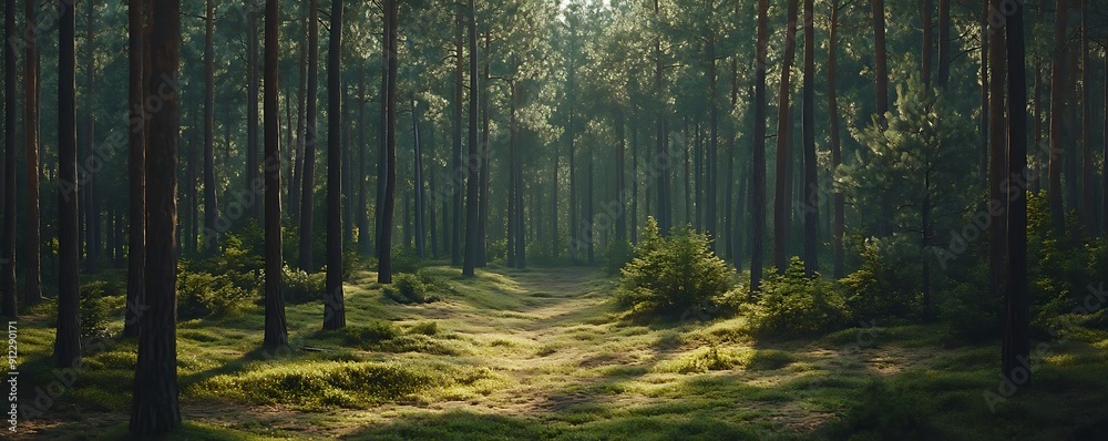 Sunbeams Through Tall Trees in a Lush Green Forest - Realistic Image Sunbeams Through Tall Trees in a Lush Green Forest - Realistic Image