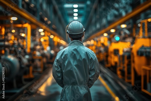 a factory supervisor in protective gear oversees production standing with back turned gazing at bustling machinery and workers industrial lighting casts long shadows across the floor