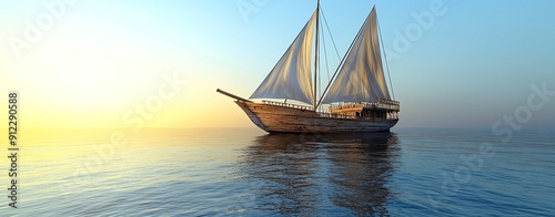 A realistic photo of a traditional wooden dhow sailing in the Arabian Gulf, with its distinctive triangular sails, more clarity with clear light and sharp focus, super detailed
