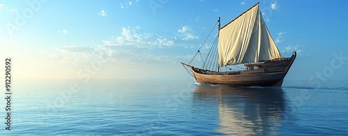 A realistic photo of a traditional wooden dhow sailing in the Arabian Gulf, with its distinctive triangular sails, more clarity with clear light and sharp focus, super detailed