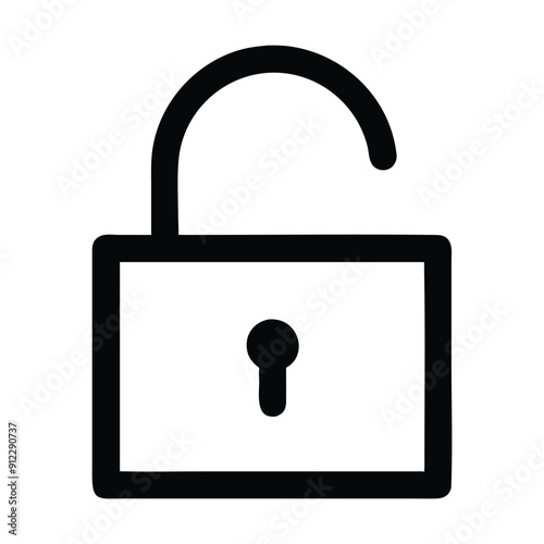 An unlocked black padlock icon on a white background. Vector illustration