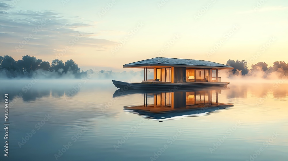 A realistic photo of a houseboat on a calm lake at dawn, with mist rising from the water, more clarity with clear light and sharp focus, super detailed A realistic photo of a houseboat on a calm lake at dawn, with mist rising from the water, more clarity with clear light and sharp focus, super detailed