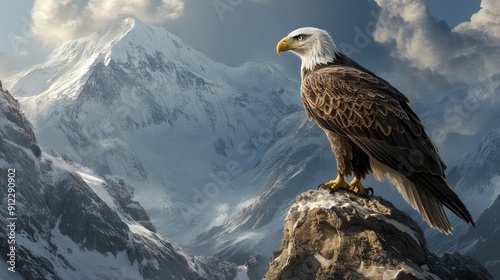 Elegant eagle with piercing eyes, perched on a high rock, surveying its territory