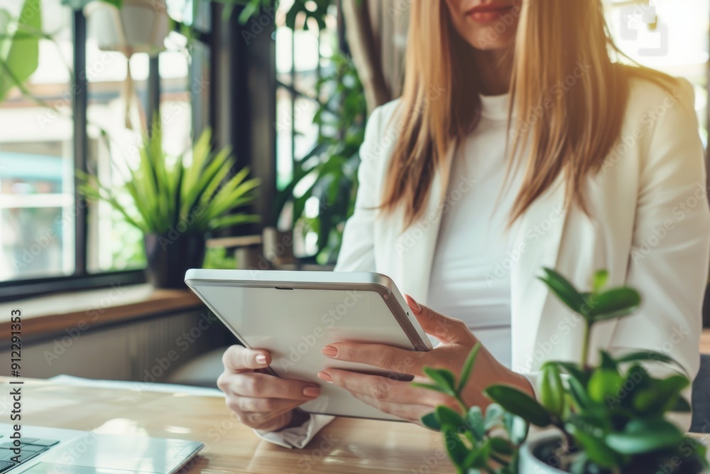 A woman sits at a table with a tablet computer, possibly working or browsing A woman sits at a table with a tablet computer, possibly working or browsing