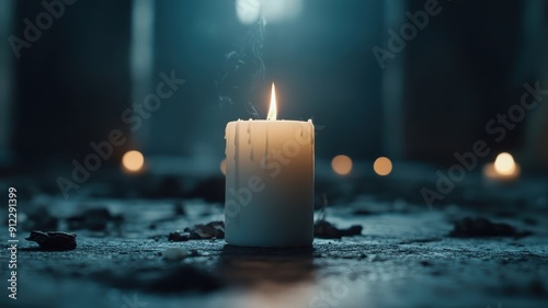 Dramatic portrayal of candles burning fiercely in darkened room with gothic interior. photo