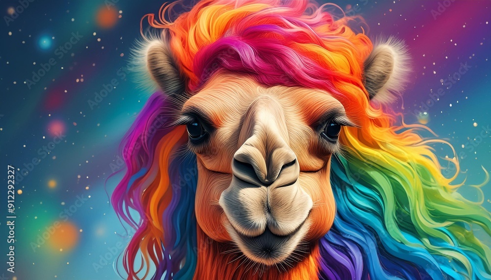 Head of a camel with rainbow color mane, art design Head of a camel with rainbow color mane, art design