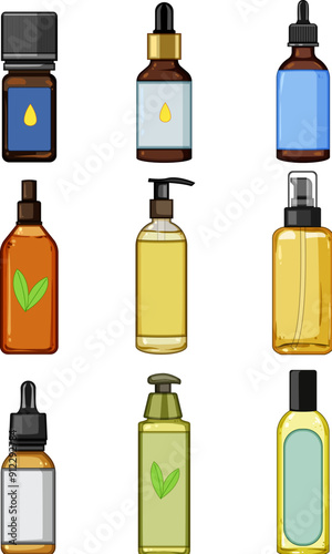 massage oil set cartoon. aromatherapy treatment, beauty therapy, health plant massage oil sign. isolated symbol vector illustration