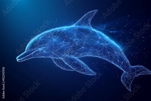 Digital wireframe illustration of a dolphin on a blue background, highlighting the marine mammal's grace and agility with geometric lines. photo