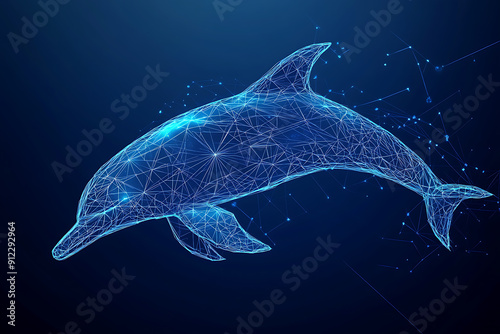 Digital wireframe illustration of a dolphin on a blue background, highlighting the marine mammal's grace and agility with geometric lines. photo