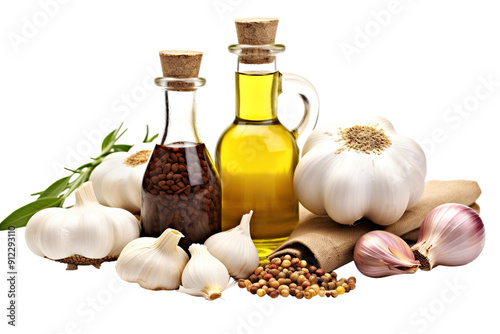 Aromatic Garlic Bulbs Flanked by Bottles of Oil and Vinegar on a White or Clear Surface PNG Transparent Background. photo