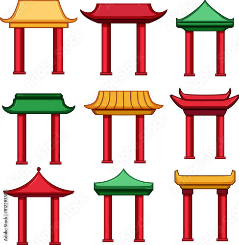 pagoda roof set cartoon. china japan, gate building, entrance asian pagoda roof sign. isolated symbol vector illustration