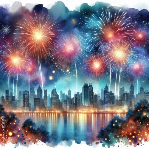 Watercolor painting of fireworks dancing in the night sky 