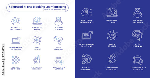 Advanced AI and Machine Learning Line Icons. Editable Stroke and Colors.