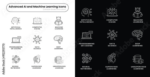 Advanced AI and Machine Learning Line Icons. Editable Stroke and Colors.