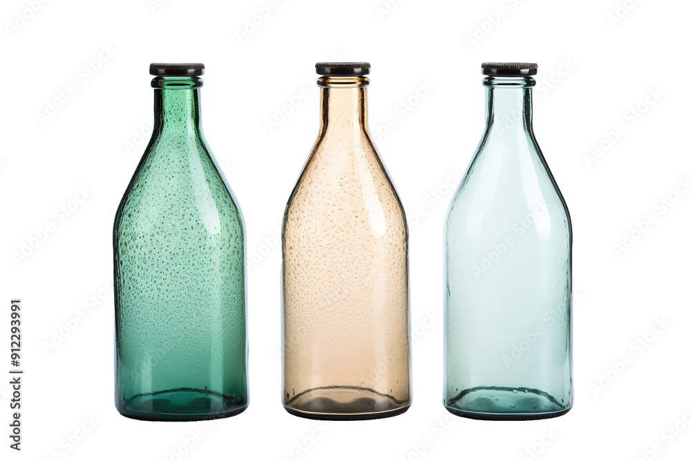 Three Textured Glass Bottles With Black Caps Against a White Background on a White or Clear Surface PNG Transparent Background. Three Textured Glass Bottles With Black Caps Against a White Background on a White or Clear Surface PNG Transparent Background.