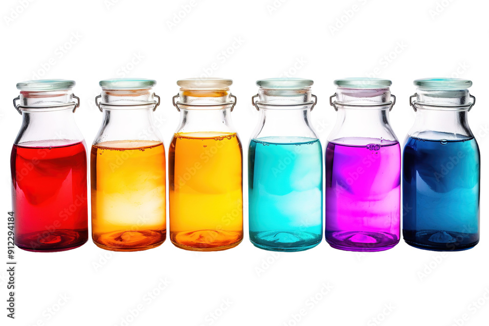 Six Colorful Glass Jars Filled With Liquid, Lined Up on White Background on a White or Clear Surface PNG Transparent Background. Six Colorful Glass Jars Filled With Liquid, Lined Up on White Background on a White or Clear Surface PNG Transparent Background.