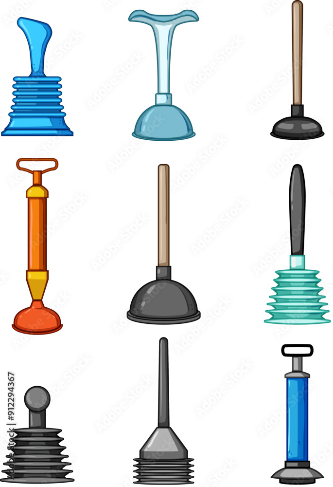 plunger set cartoon. plumber rubber, cleaner cleaning, drain clogged plunger sign. isolated symbol vector illustration plunger set cartoon. plumber rubber, cleaner cleaning, drain clogged plunger sign. isolated symbol vector illustration