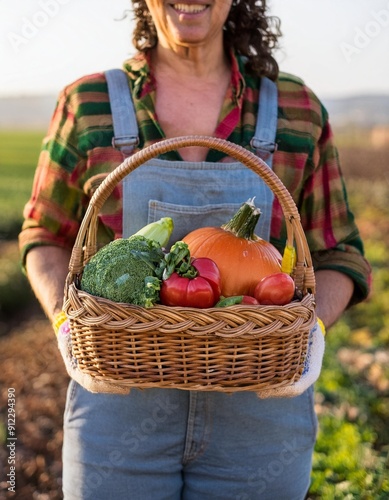 Manos de una granjera sujetando una cesta con la cosecha de frutas y verduras del campo