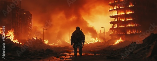 A lone soldier stands among burning ruins in a war-torn city