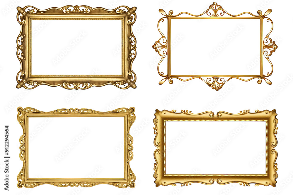 A Collection of Ornate Golden Frames on a Pristine White Background on a White or Clear Surface PNG Transparent Background. A Collection of Ornate Golden Frames on a Pristine White Background on a White or Clear Surface PNG Transparent Background.