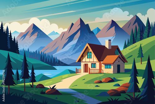 Colorful cartoon landscape design vector illustration. House in the mountains with some green trees, and there is a clear river flowing.