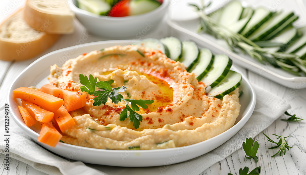 Hummus with vegetables on plate Hummus with vegetables on plate