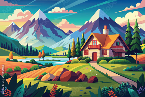 Colorful cartoon landscape design vector illustration. House in the mountains with some green trees, and there is a clear river flowing.