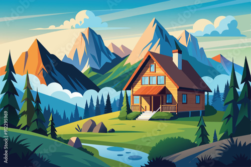 Colorful cartoon landscape design vector illustration. House in the mountains with some green trees, and there is a clear river flowing.