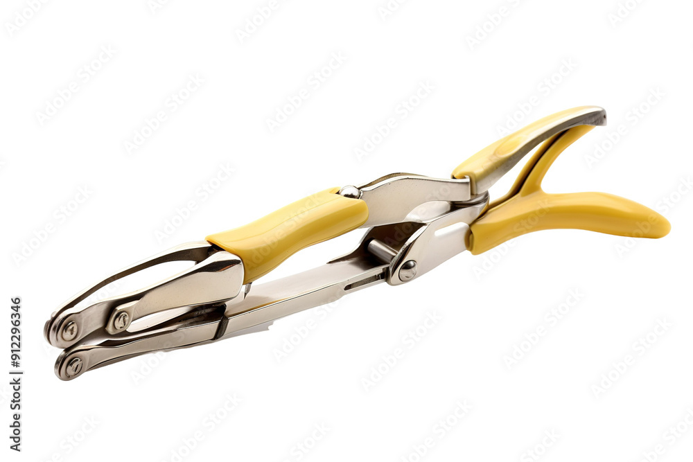 A Precision Tool for Crafting Unique Shapes, With Yellow Handles, Ready to Punch Paper on a White or Clear Surface PNG Transparent Background.