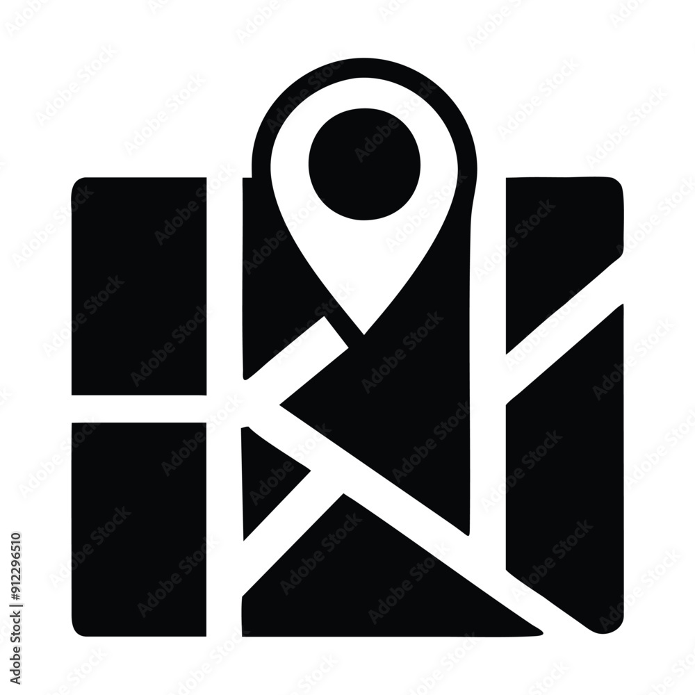 Simple black and white location pin on folded map icon. Vector illustration Simple black and white location pin on folded map icon. Vector illustration
