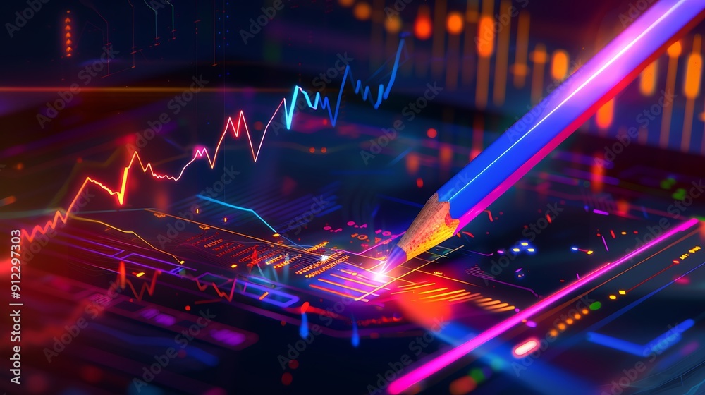 Pencil drawing on a digital screen showing stock market charts in neon colors.