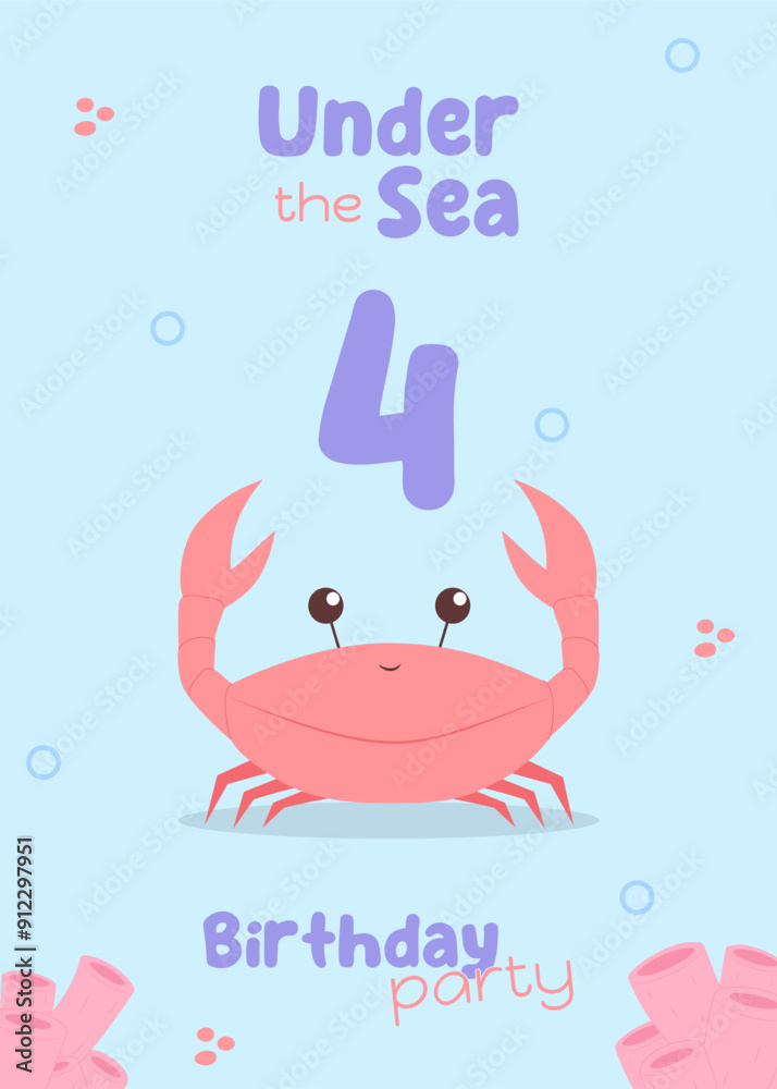 Underwater-themed fourth birthday card for children. Sweet invitation with a red crab and pink coral details in marine-inspired colors. Underwater-themed fourth birthday card for children. Sweet invitation with a red crab and pink coral details in marine-inspired colors.