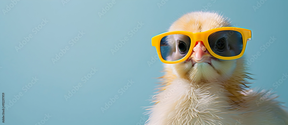 Fototapeta premium Cute baby chick wearing yellow sunglasses against a blue background.