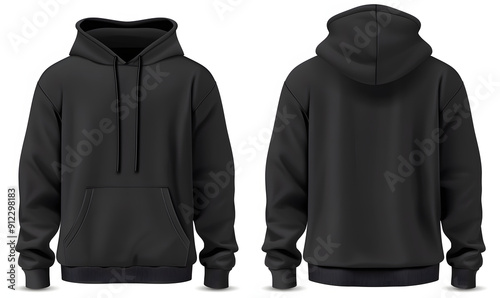 Blank black hoodie in front and back view, mockup, isolated on transparent background