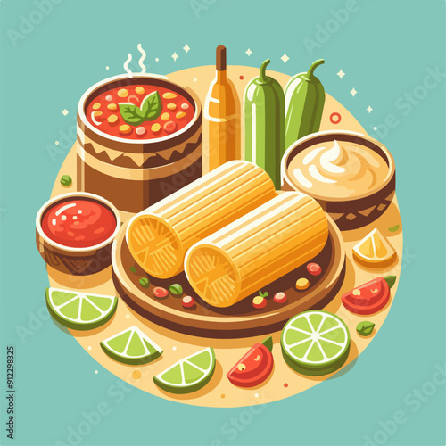 Mexican food set. Guacamole, chiltomate, quesadillas, chile ennogada, nachos, enmoladas, burritos, tamales, tacos, fajitas, etc. Vector illustration isolated on white background.