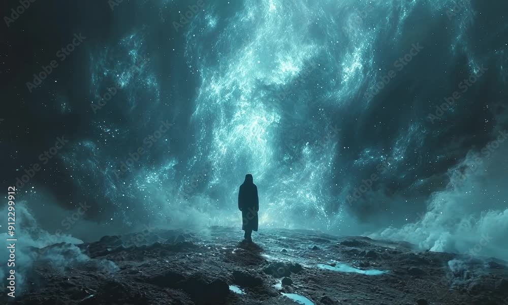 Lone Figure Standing on a Misty Cliff Under a Vast Starry Sky with Nebula Clouds Lone Figure Standing on a Misty Cliff Under a Vast Starry Sky with Nebula Clouds