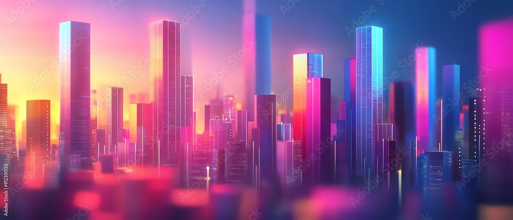 A vibrant sunset skyline with colorful skyscrapers, creating a futuristic cityscape in bright shades of orange, pink, and blue. A vibrant sunset skyline with colorful skyscrapers, creating a futuristic cityscape in bright shades of orange, pink, and blue.