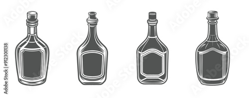 Set four different shaped blank brandy bottle templates, package template mockup spirits