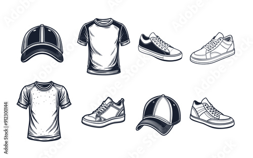 Set clothes shoes in black white, mockup outfit retail